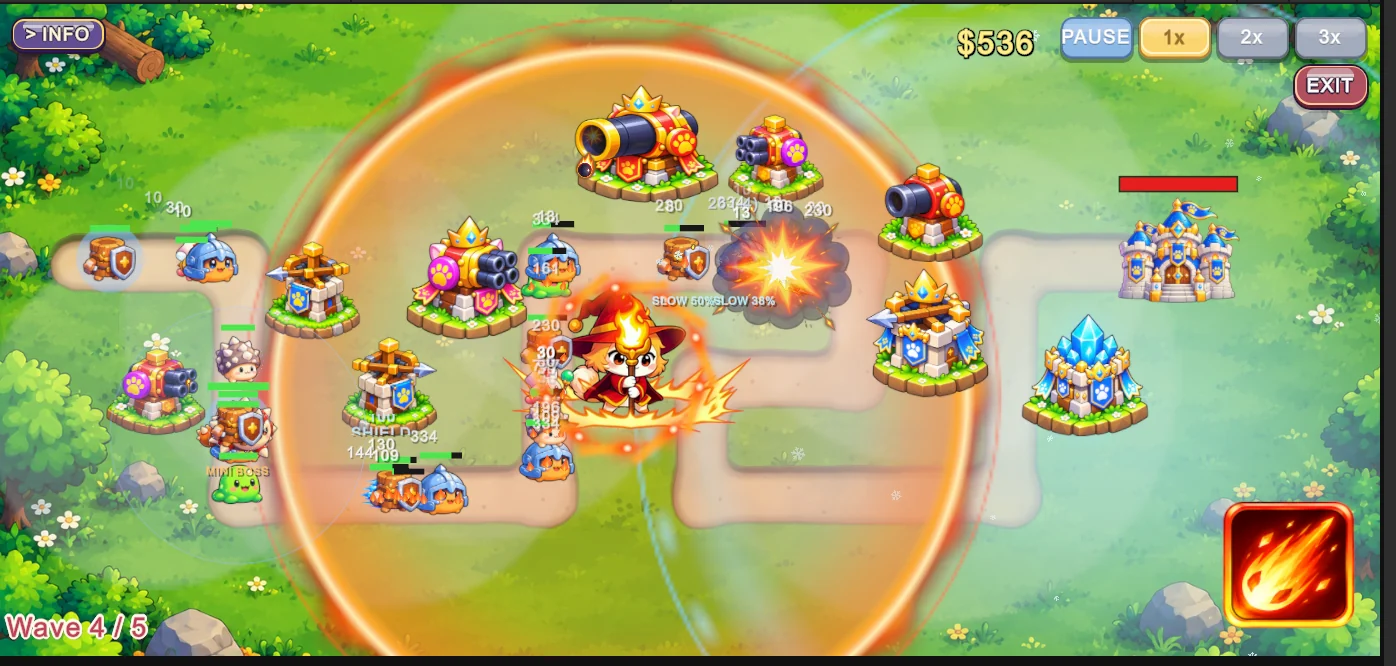 A battle on a grass map: towers and Cat Heroes defend the road