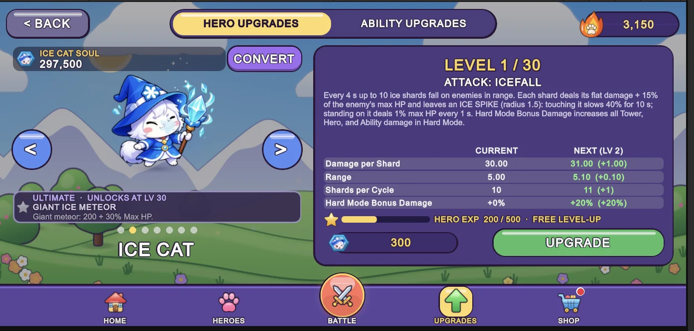The Hero upgrade screen